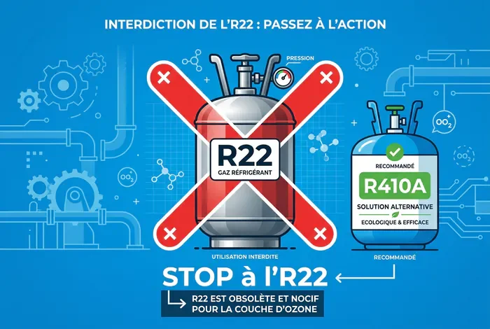 Remplacement du gaz R22 : Solutions et Prix 2026 - Gaz R22 Interdit : 2 Solutions et Coûts en 2026 - Comment remplacer le gaz R22 ? Guide & Aides Infographie d'une bonbonne de gaz réfrigérant R22 interdite avec une croix rouge.