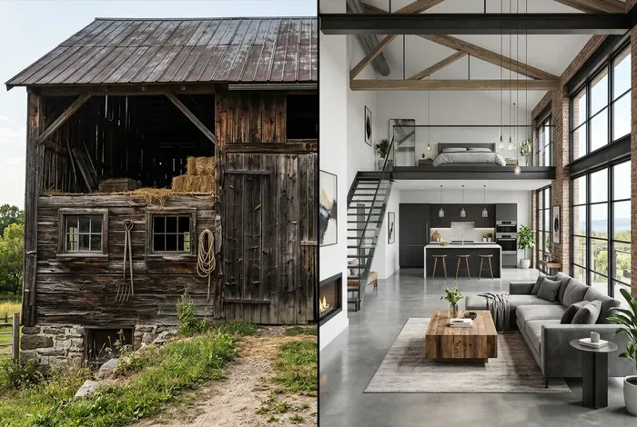 Changement de destination d'une grange en habitation - Transformer une grange en maison : Guide Ultime 2026 - Comment transformer une grange en habitation ? Avant après de la rénovation d'une grange en loft lumineux