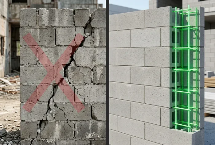 Ferrailler un mur en parpaing : le guide DTU - Ferrailler un mur : 5 étapes zéro fissure ! - Comment bien ferrailler un mur en parpaing ? Comparaison entre un mur fissuré sans armature et un mur renforcé par du chaînage