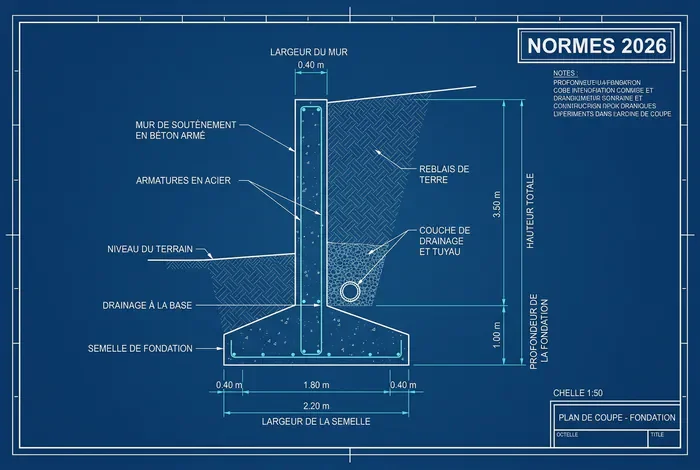 Fondation d'un mur de soutènement : DTU & calculs - Mur de soutènement : le guide pour une fondation solide - Comment faire la fondation d'un mur de soutènement ? Schéma blueprint de la semelle de fondation cotée avec la mention Normes 2026