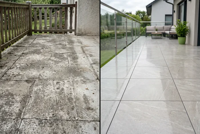 Revêtement sur dalle béton : Guide complet - Revêtement Dalle Béton : 6 Solutions Top - Quel revêtement choisir pour une dalle béton ? Comparatif avant après rénovation d'un sol de terrasse en béton